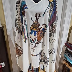 Double D Ranch Multicolor Feather Print Tunic/Poncho, Size L/XL